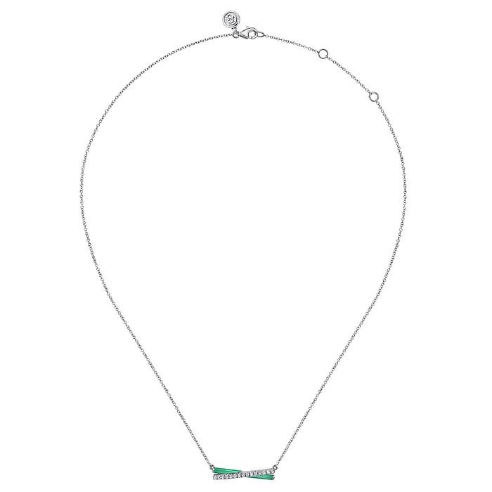 925 Sterling Silver White Sapphire and Mint Cockatoo Enamel Criss Cross Bar Necklace