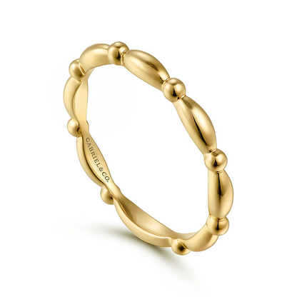 14K Yellow Gold Orzo Shape and Bujukan Bead Station Stackable Ring