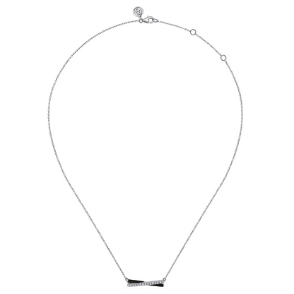 Enamel - 925 Sterling Silver White Sapphire and Black Enamel Criss Cross Bar Necklace