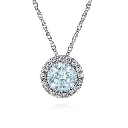 14K White Gold Aquamarine and Diamond Halo Pendant Necklace