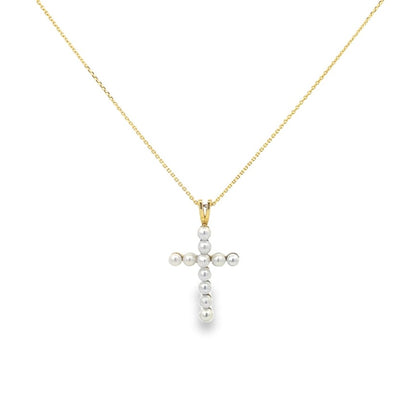 14K Yellow Gold Pearl Cross Necklace