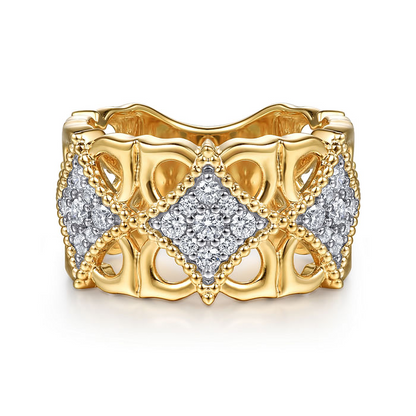 18K Yellow Gold Bujukan and Diamond Floral Wide Band Ring
