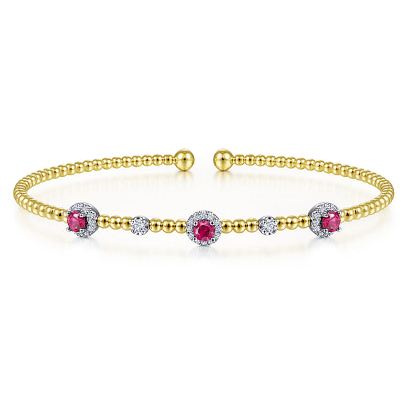 14K White-Yellow Gold Bujukan Bead Cuff Bracelet with Ruby and Diamond Halo Stations