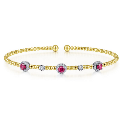 14K White-Yellow Gold Bujukan Bead Cuff Bracelet with Ruby and Diamond Halo Stations