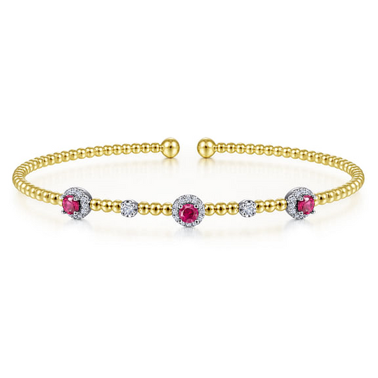 14K White-Yellow Gold Bujukan Bead Cuff Bracelet with Ruby and Diamond Halo Stations