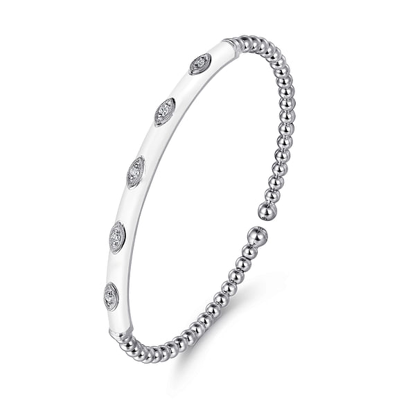 14K White Gold Bujukan Beads and Diamond Split Bangle with White Enamel