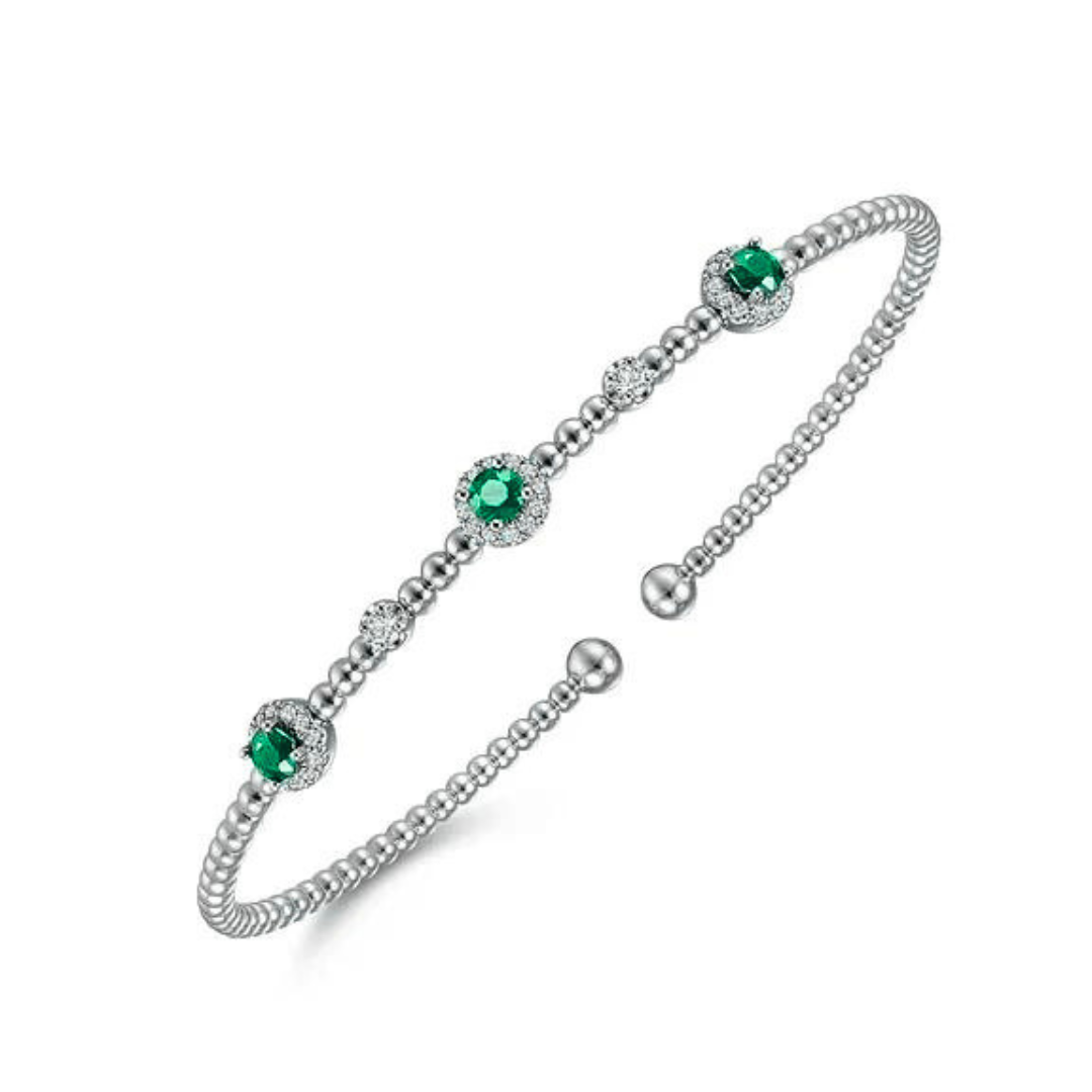 14K White Gold Diamond and Emerald Bujukan Cuff Bracelet