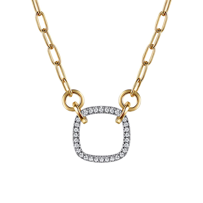 14K White Yellow Gold Open Cushion Shape Diamond Hollow Paperclip Chain Necklace