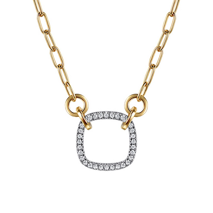 14K White Yellow Gold Open Cushion Shape Diamond Hollow Paperclip Chain Necklace