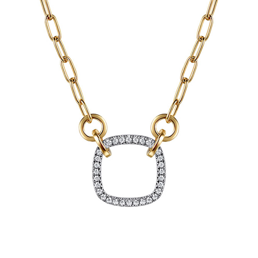 14K White Yellow Gold Open Cushion Shape Diamond Hollow Paperclip Chain Necklace