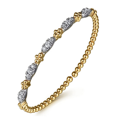 14K White & Yellow Gold Bujukan Beads and Diamond Station Split Bangle Bracelet