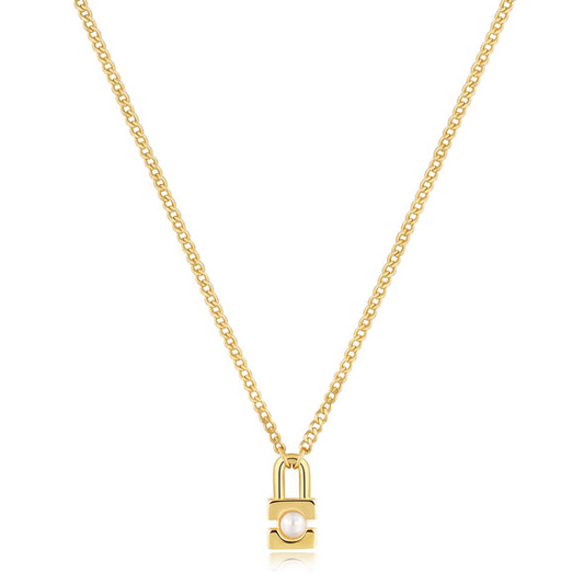 Gold Pearl Padlock Necklace