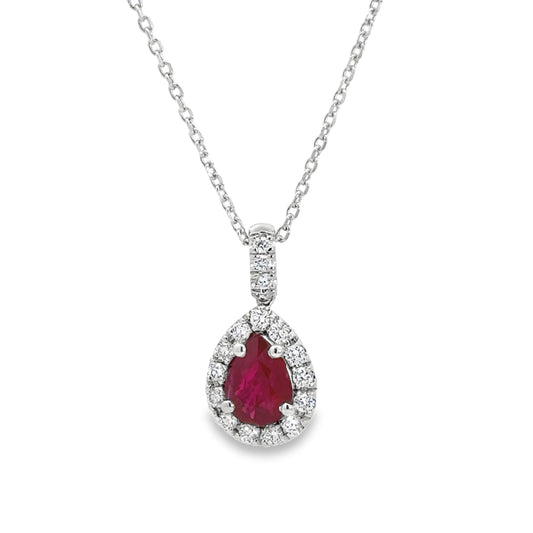 Diamond Halo and Ruby Pear Shaped Pendant Necklace