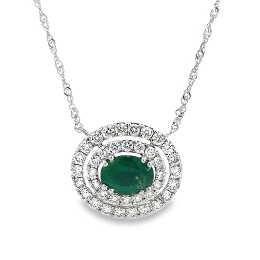 14K White Gold Diamond and Emerald Pendant