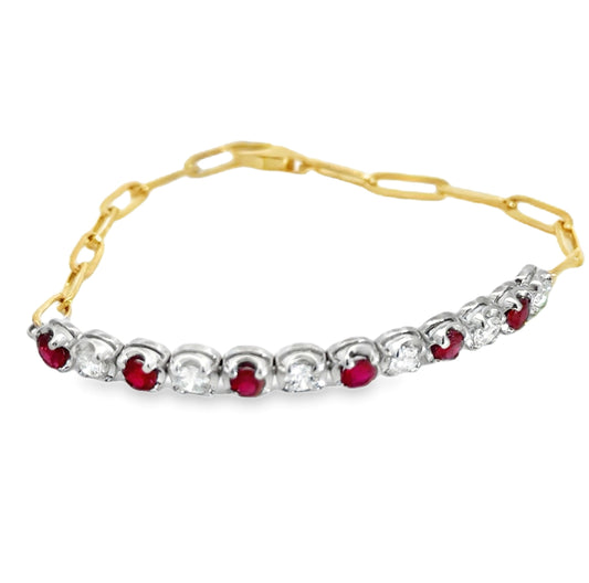 14K White and Yellow Gold Ruby and Diamond Paperclip Bracelet