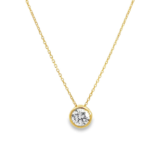 14K Yellow Gold Bezel Set Diamond Solitare Pendant Necklace