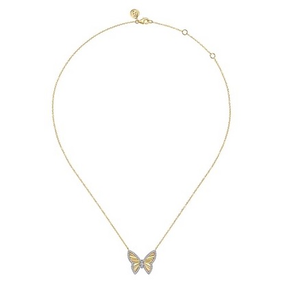 14K White and Yellow Gold Diamond Cut Butterfly Necklace