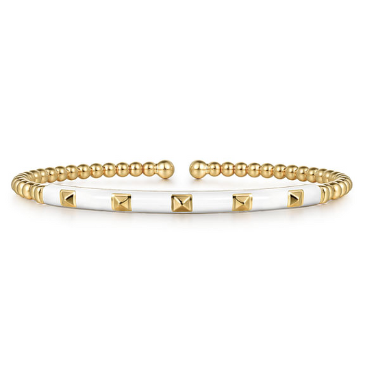 14K Yellow Gold Bujukan Beads and Pyramid Split Bangle with White Enamel