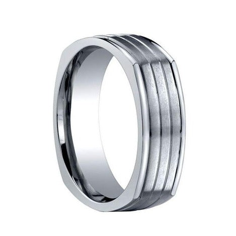 Benchmark | Brushed Grooved Center Square Titanium Ring with Polished Edges