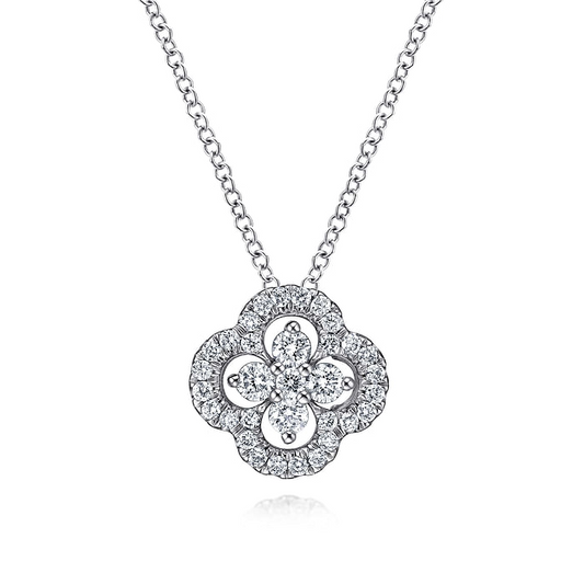 18" 14K White Gold Open Clover Diamond Pendant Necklace