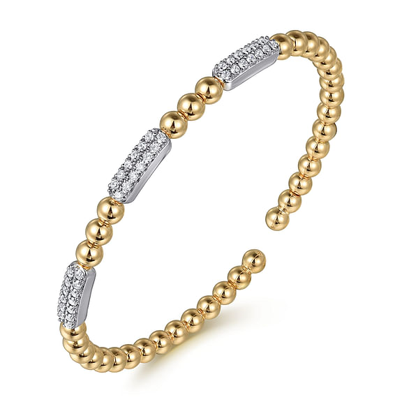 14K White and Yellow Gold Diamond Pave Three Station Bar Bujukan Beads Split Bangle Bracelet