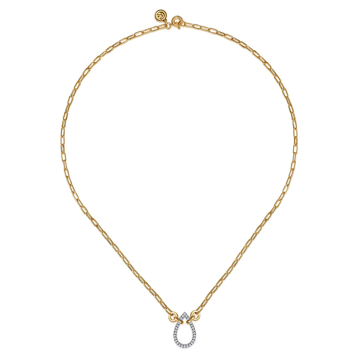 14K White Yellow Gold Open Teardrop Diamond Hollow Paperclip Chain Necklace