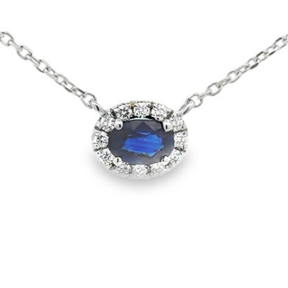 Diamond Halo and Sapphire Pendant Necklace