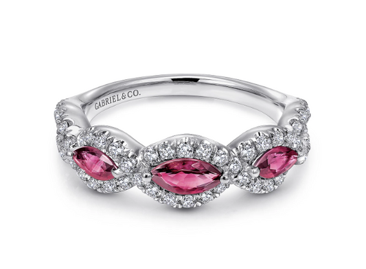 14K White Gold Twisted Diamond Rows and Ruby Marquise Stones Ring