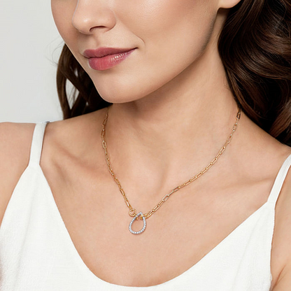 14K White Yellow Gold Open Teardrop Diamond Hollow Paperclip Chain Necklace