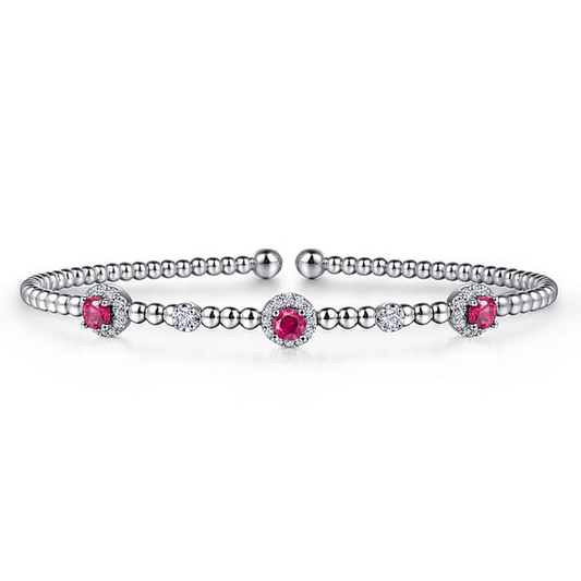 14K White Gold Bujukan Bead Cuff Bracelet with Rubies and Diamond Halo Stations