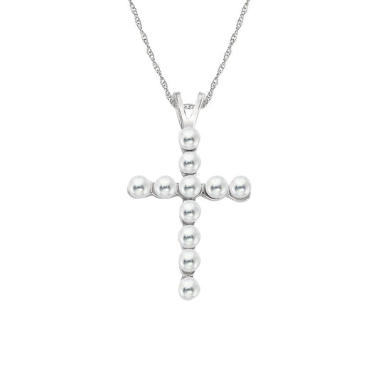 14K White Gold Pearl Cross Necklace