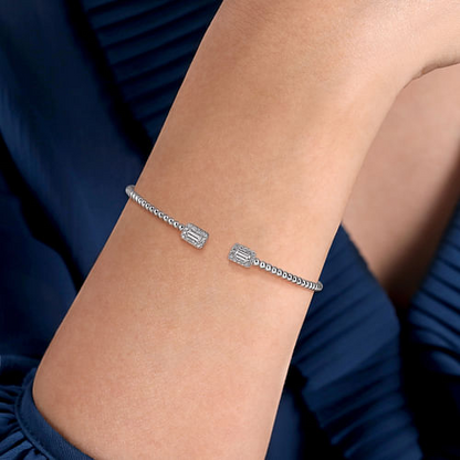 14K White Gold Bujukan Open Cuff Bracelet with Diamond Baguettes