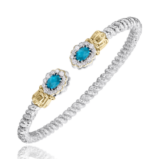 14K Yellow Gold and Sterling Silver Diamond Turquoise Bangle Bracelet