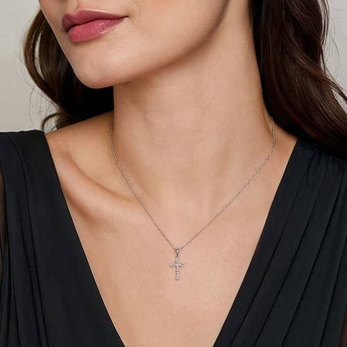 14K White Gold Diamond Cross Pendant Necklace