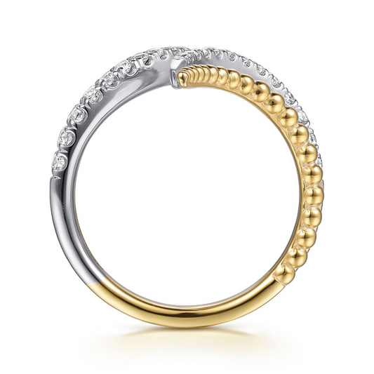 14K White & Yellow Gold Bujukan and Diamond Double Row Bypass Ring