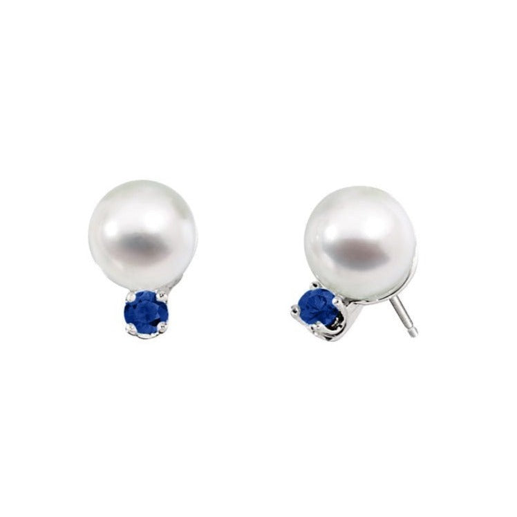 Classic Akoya Cultured Pearl Earrings with Sapphire Accent