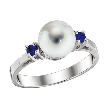 14K White Gold Pearl and Blue Sapphire Ring