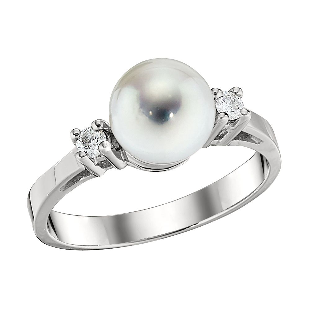 David Connolly | Timeless Akoya Cultured Pearl and Round Diamond Side Stone Ring