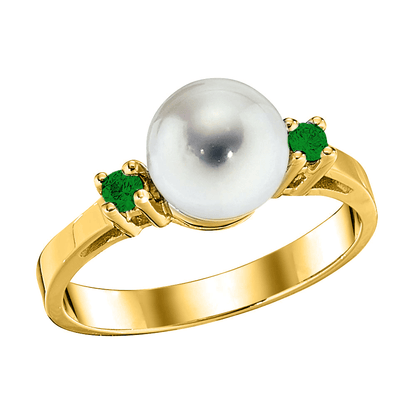 14K Yellow Gold Pearl and Emerald Ring