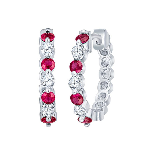 Classic Common Prong Diamond and Ruby Hoop Earrings