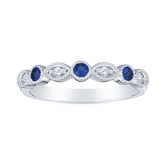 Vintage Style Faux Marquis Milgrain Stackable Sapphire and Diamond Band