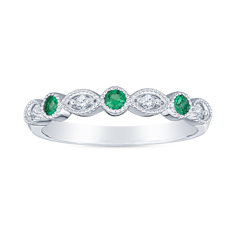 David Connolly | Vintage Style Faux Marquis Millgrain Stackable Emerald and Diamond Band