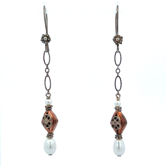 Sterling Silver Copper and Pearl Drop Earrings