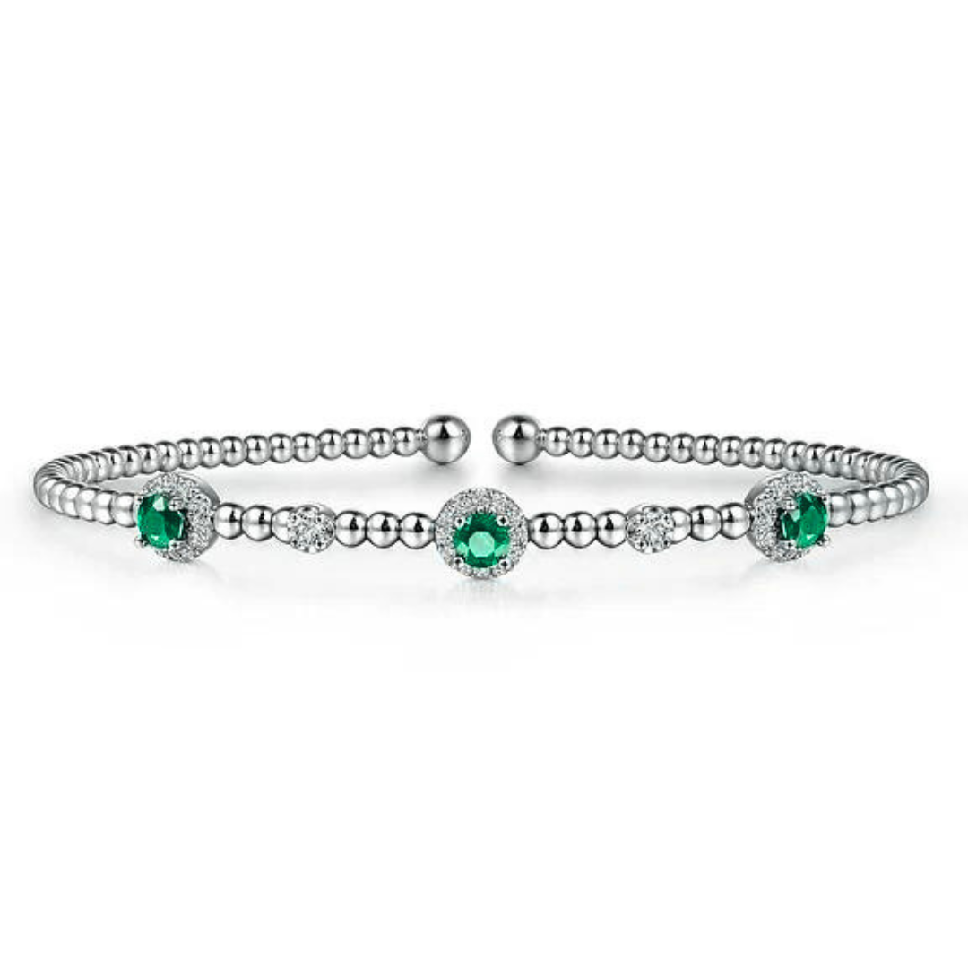 14K White Gold Diamond and Emerald Bujukan Cuff Bracelet