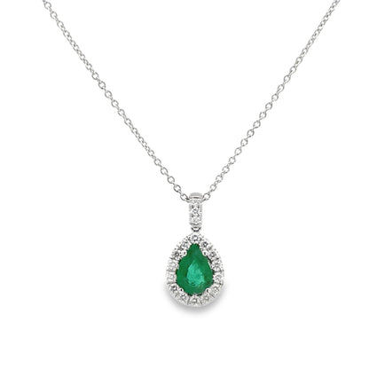 Diamond Halo and Emerald Pear Shaped Pendant Necklace