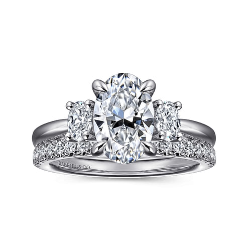 14K White Gold Oval Three Stone Diamond Engagement Ring