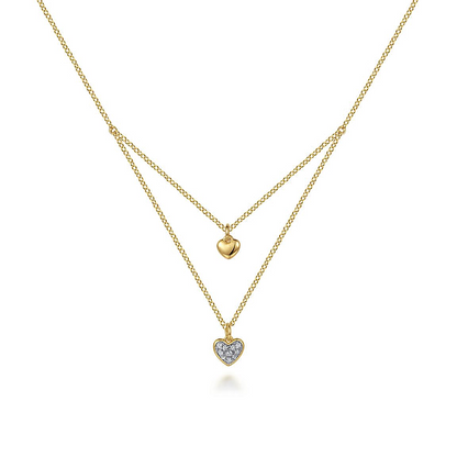 14K Yellow Gold Diamond Double Heart Pendant Necklace