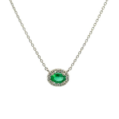 Diamond Halo and Emerald Pendant Necklace