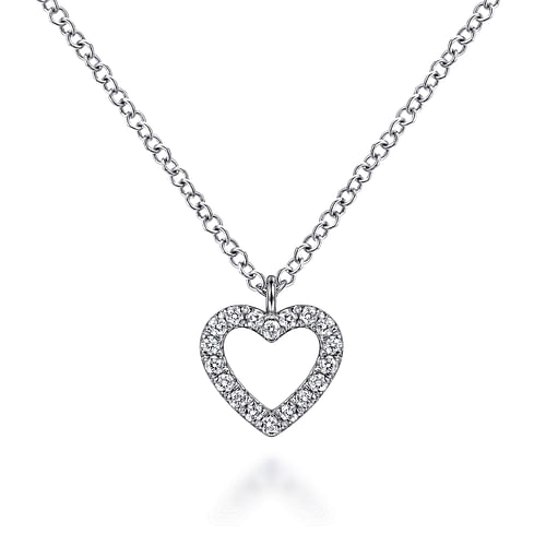 14K White Gold Open Heart Diamond Pendant Necklace
