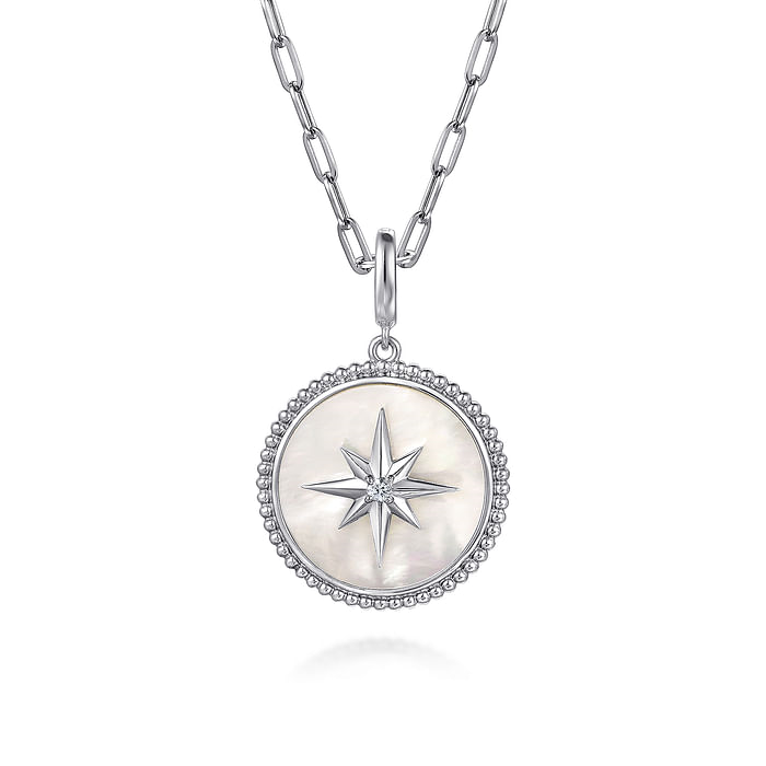 925 Sterling Silver Bujukan White Sapphire and Mother Of Pearl Round Starburst Medallion Pendant